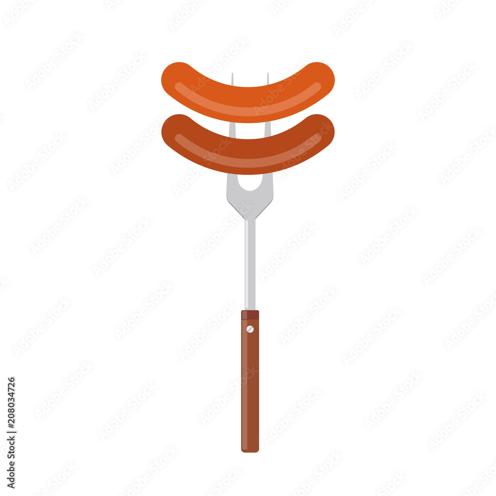 Sausage on barbecue fork. Grilled sausage. Vector illustration flat design. Isolated on white background. Sausage on barbecue fork. Grilled sausage. Vector illustration flat design. Isolated on white background.