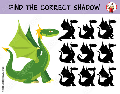Funny green dragon. Find the correct shadow. Educational matching game for children. Cartoon vector illustration
