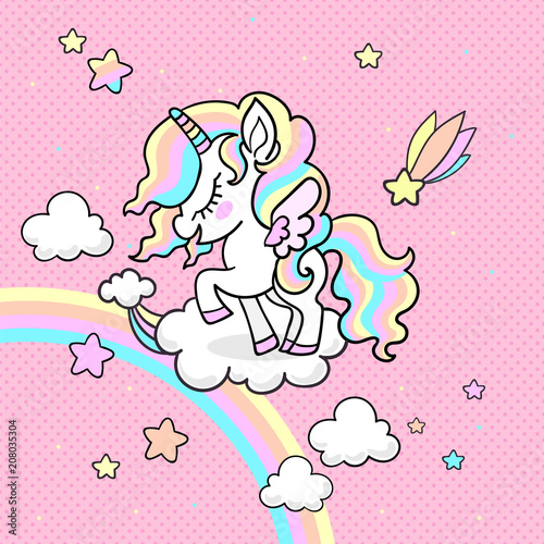 Cute little rainbow unicorn on a pink background with polka dots. Vector illustration for your design