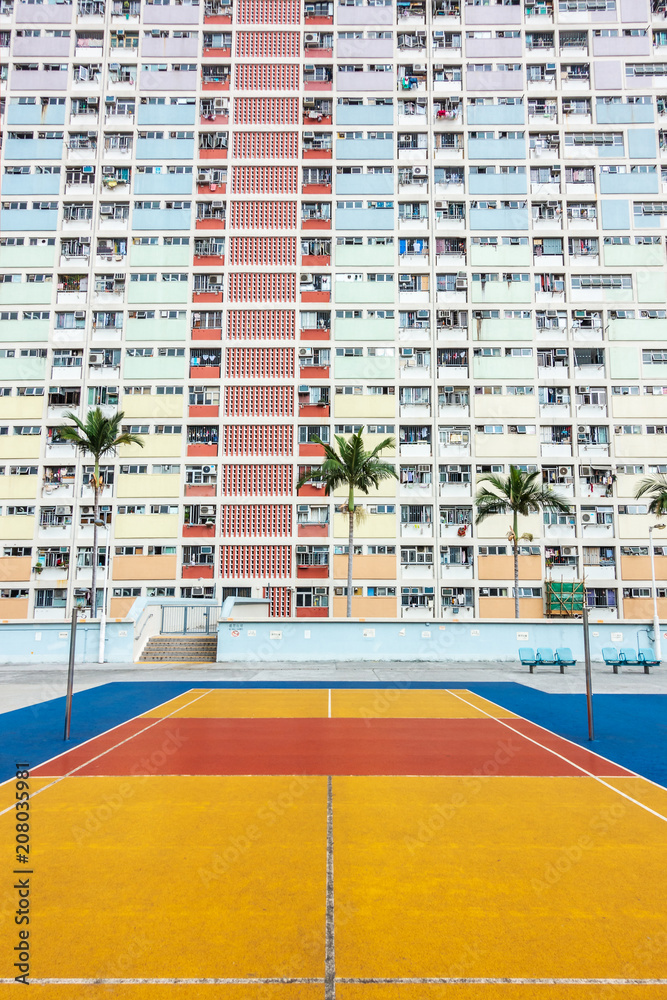 HONG KONG , CHINA - MAY 7, 2018 : Colorful Basketball Court in Choi Hung oldest public housing estates in Hong Kong.