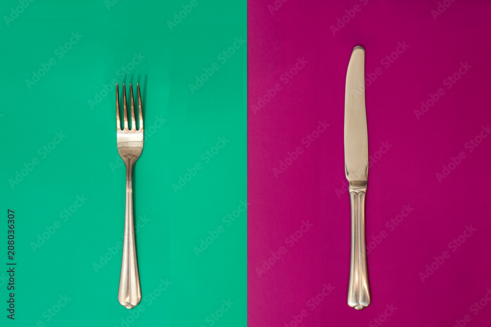 Fork on purple background. Knife on a bright turquoise background. concept. Seamless pattern Fork on purple background. Knife on a bright turquoise background. concept. Seamless pattern