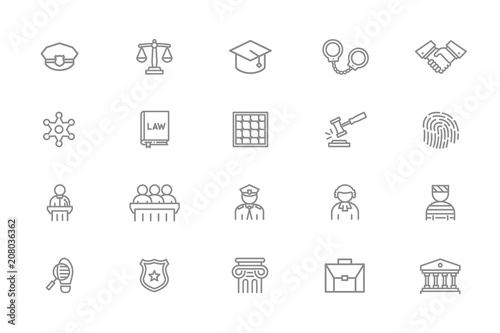 Set of vector crime, law, police and justice line icons. Sheriff star badge, jury, defendant, judge, officer, cop, prisoner, bandit, fingerprint, prison cell, auction hammer, libra, handcuffs, column