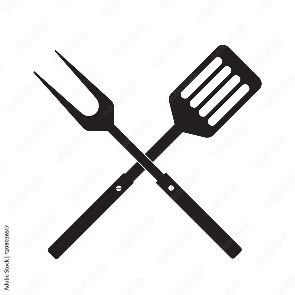 BBQ or grill tools icon. Crossed barbecue fork with spatula. Black ...