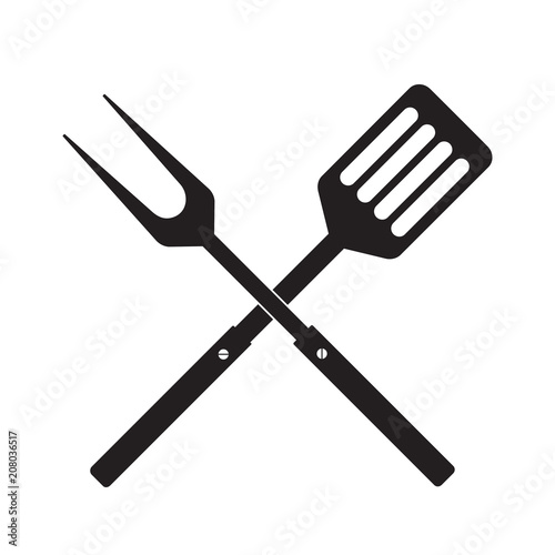 BBQ or grill tools icon. Crossed barbecue fork with spatula. Black simple silhouette. Symbol Template Logo. Vector illustration flat design. Isolated on white background.