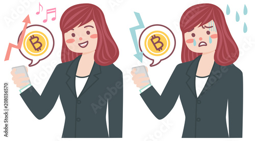 携帯で仮想通貨の売上を確認する女性