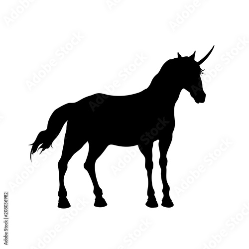 Black silhouette of elven unicorn on white background. Wild horse icon. Fantasy animal. Detailed isolated image. Vector illustration