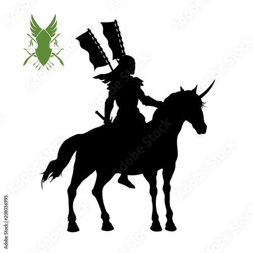 Black silhouette of elven knight with banner. Fantasy warlord character. Games icon of elf on unicorn. Isolated drawing of warrior. Vector illustration