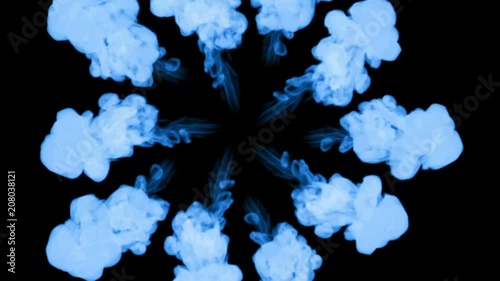 blue ink dissolves in water on black background with luma matte. 3d render of computer simulation. Inks inject in water. circular structure 1 photo