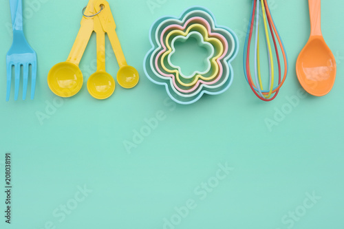close up of baking utensils tools and cooking concept for background