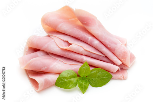 Sliced boiled ham sausage isolated on white background, top view.