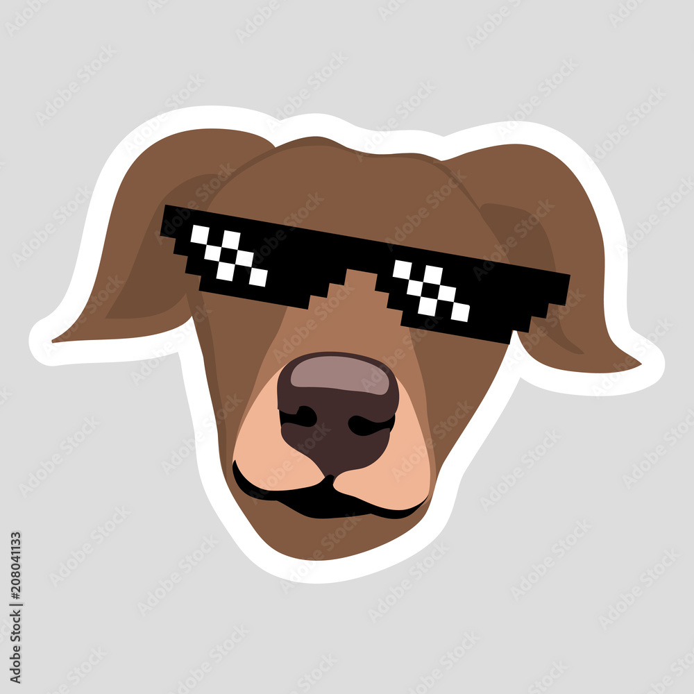 Dog wearing pixel glasses Brown dog with ears down enframed white thick  line gray background Vector isolated sticker Hand drawing illustration for  icon sticker patch poster logo mascot emoji emoticon Stock Vector