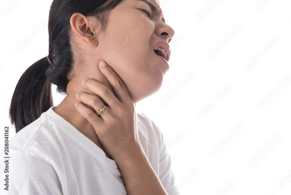 Sore throat of a women. Touching the neck. Isolated on white background. Sore throat of a women. Touching the neck. Isolated on white background.