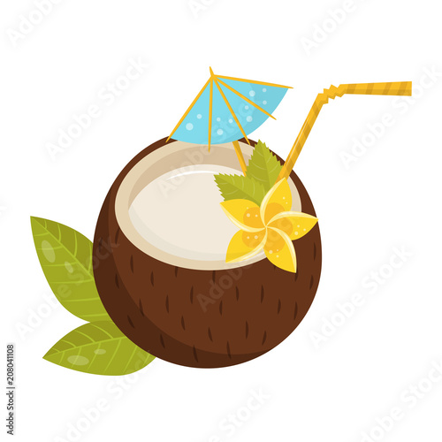 Tropical cocktail in coconut shell with small umbrella, straw and flower. Delicious beverage. Flat vector for menu, promo poster or banner