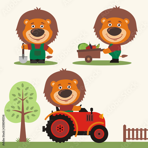 Set of funny lion farmer with shovel, with wheelbarrow with vegetables, in farm tractor. Collection of lion is working on the farm.