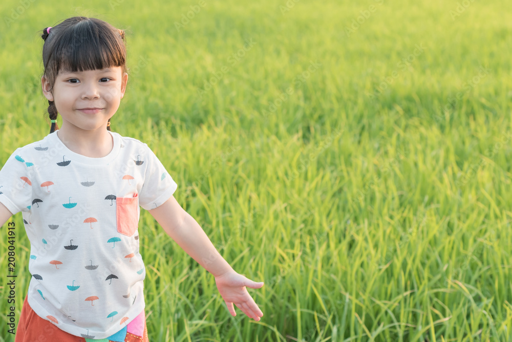 open arms little happy girl green meadow rice field open arms little happy girl green meadow rice field