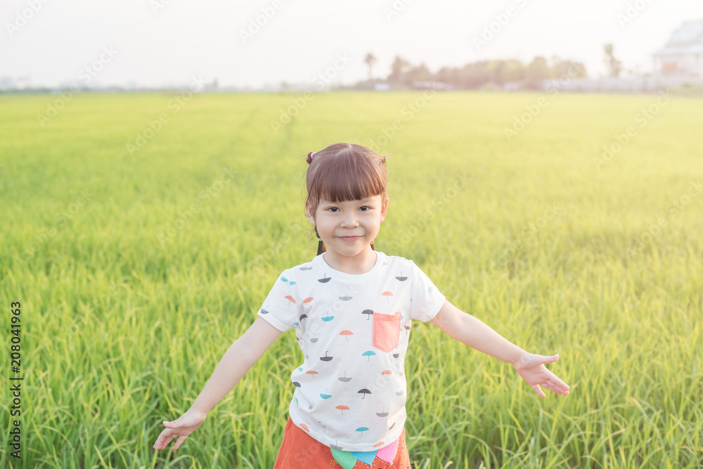 open arms little happy girl green meadow rice field open arms little happy girl green meadow rice field