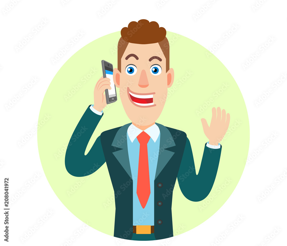 Businessman talking on mobile phone and raised a hand in greeting