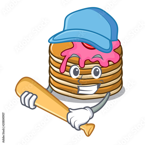 Playing baseball pancake with strawberry character cartoon
