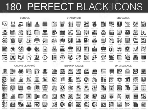 180 school, stationery, education, online learning, brain process, data science classic black mini concept symbols. Vector modern icon pictogram illustrations set.