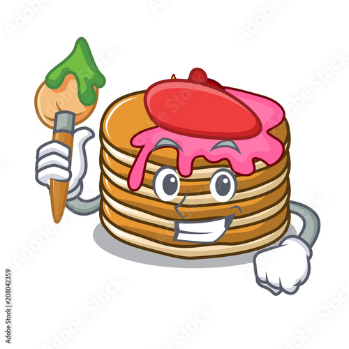 Artist pancake with strawberry character cartoon photo