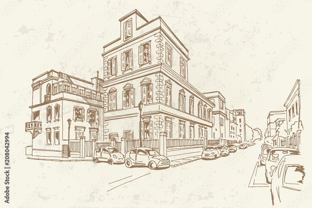 Vector sketch of street scene in Rome, Italy.