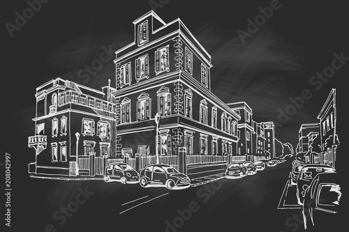 Photography Vector sketch of street scene in Rome, Italy.