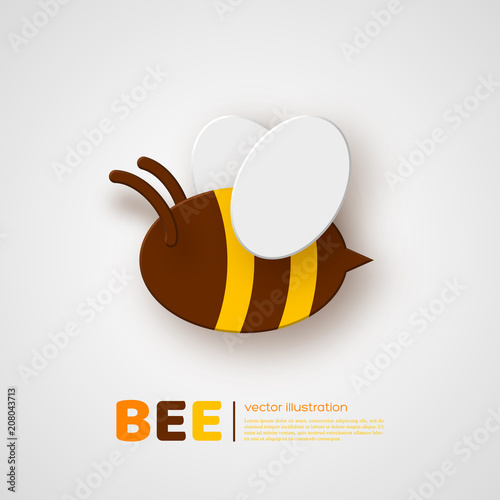 Paper cut style bee. Element for beekeeping and honey product design. White background, vector illustration.