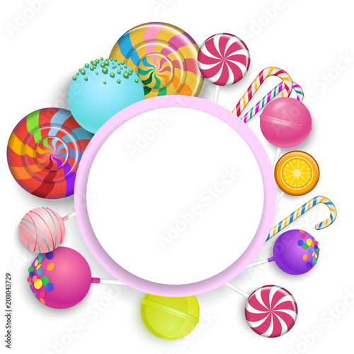 White round background with colorful lollipops.