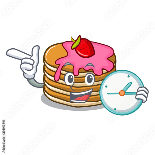 With clock pancake with strawberry character cartoon