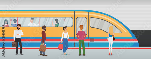 Subway metro platform with train and people in underground station. Urban metro vector concept with passengers.