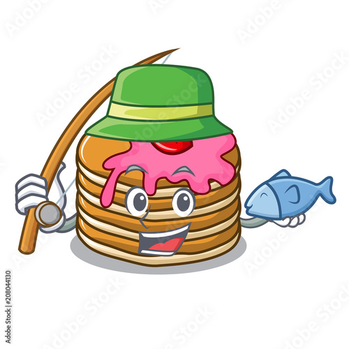 Fishing pancake with strawberry mascot cartoon