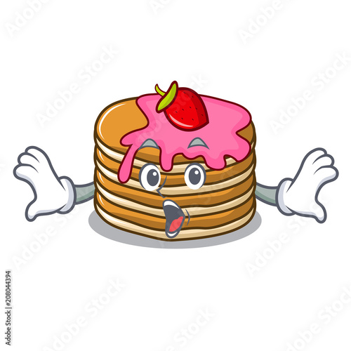 Surprised pancake with strawberry mascot cartoon photo