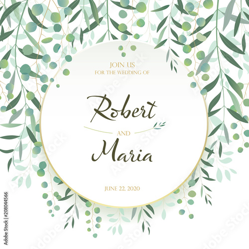Beautiful leaves floral wedding invitation card. Branches decorative wreath, frame template. Vector.  photo