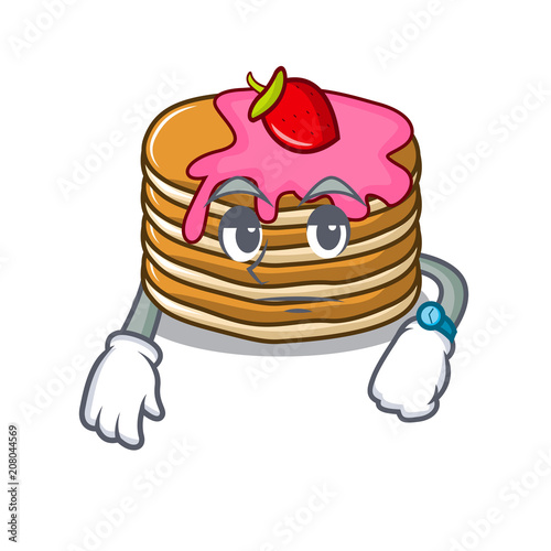 Waiting pancake with strawberry mascot cartoon