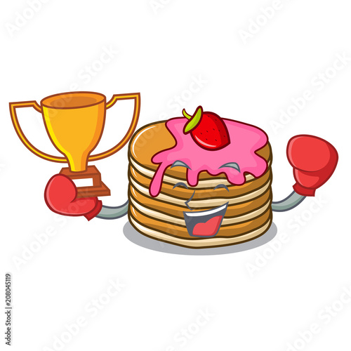 Boxing winner pancake with strawberry mascot cartoon