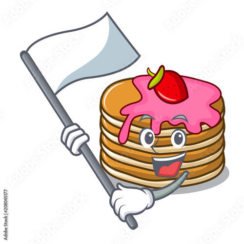 With flag pancake with strawberry mascot cartoon