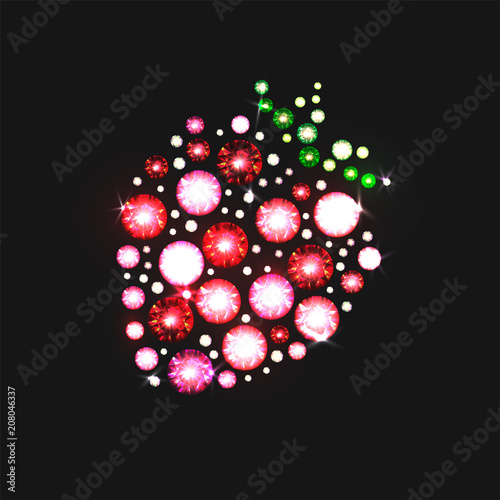 Strawberry made with precious precious gems on black background