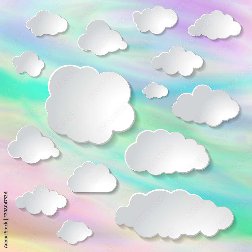 white paper clouds set on wonderful holographic iridescent effect of foil vector background