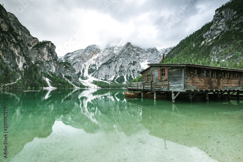 Pragser Wildsee or Braies Lake in Dolomites   Sudtirol  Italy.