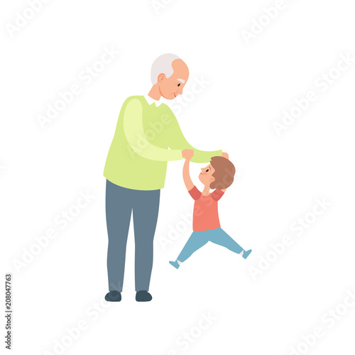 Grandpa and his little grandson having fun together, grandfather spending time playing with grandson vector Illustration on a white background