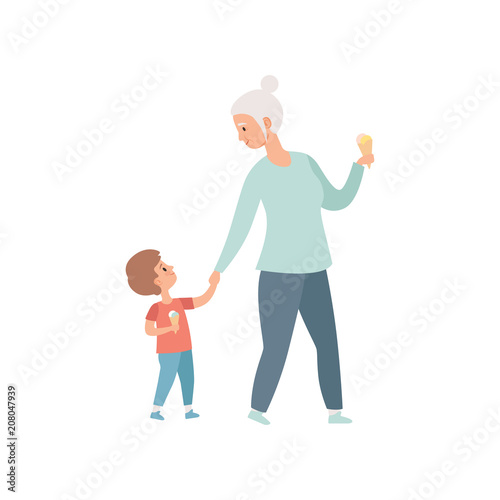 Grandma walking with her little grandson, grandfather spending time playing with grandson vector Illustration on a white background
