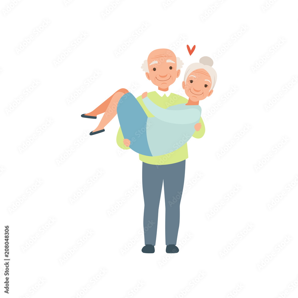 Senior man carring woman in his arms, elderly romantic couple in love vector Illustration on a white background Senior man carring woman in his arms, elderly romantic couple in love vector Illustration on a white background