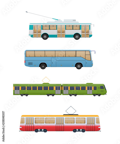 Set of urban route transport. Trolleybus, shuttle bus, railway train, tram.