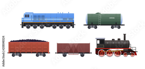Railway set vehicles and trains. Wagons with passengers, freight, cisterns.