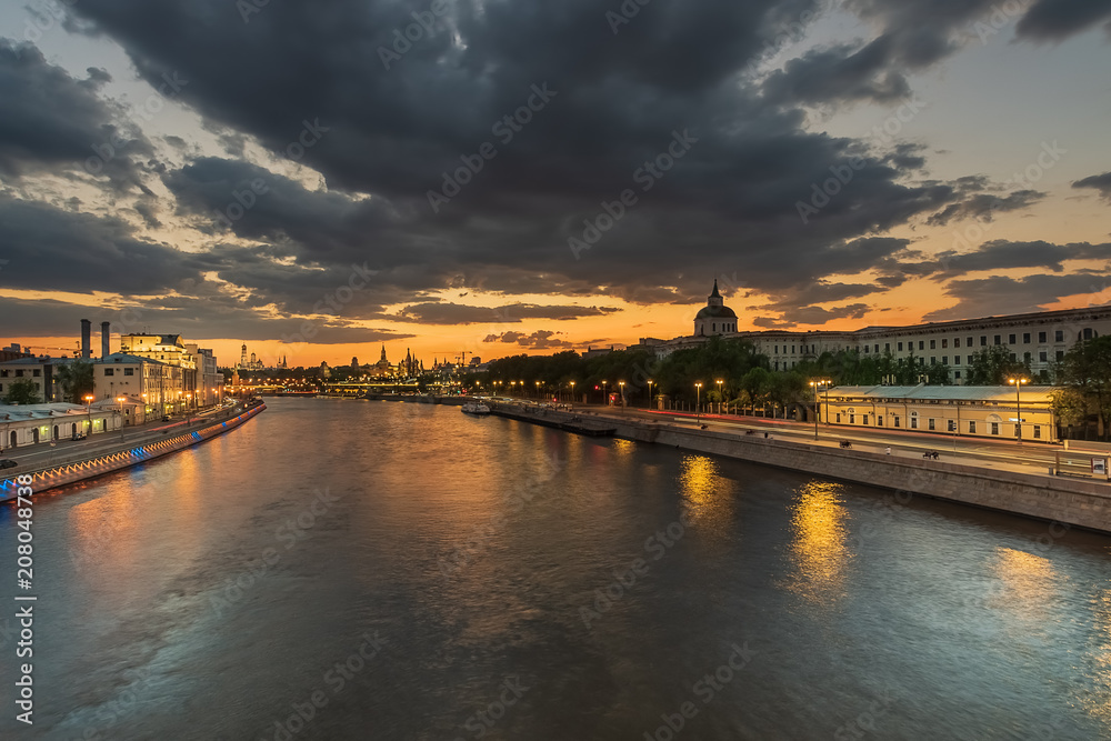 Moscow Cityscape from the bridge at twilight.