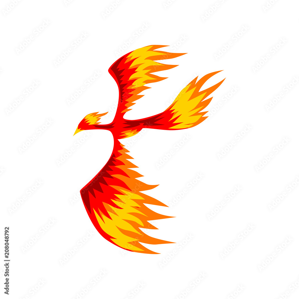 Obraz premium Phoenix, flaming firebird flying vector Illustration on a white background