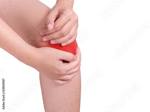 woman suffering from knee pain, joint pains. red color highlight at knee isolated on white background. health care and medical concept