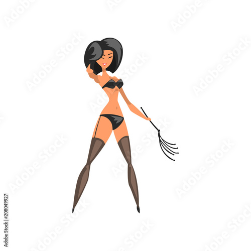 Pretty brunette mistress wearing in bdsm style standing with whip vector Illustration on a white background