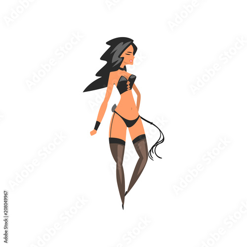 Beautiful brunette mistress wearing in bdsm style standing with whip vector Illustration on a white background