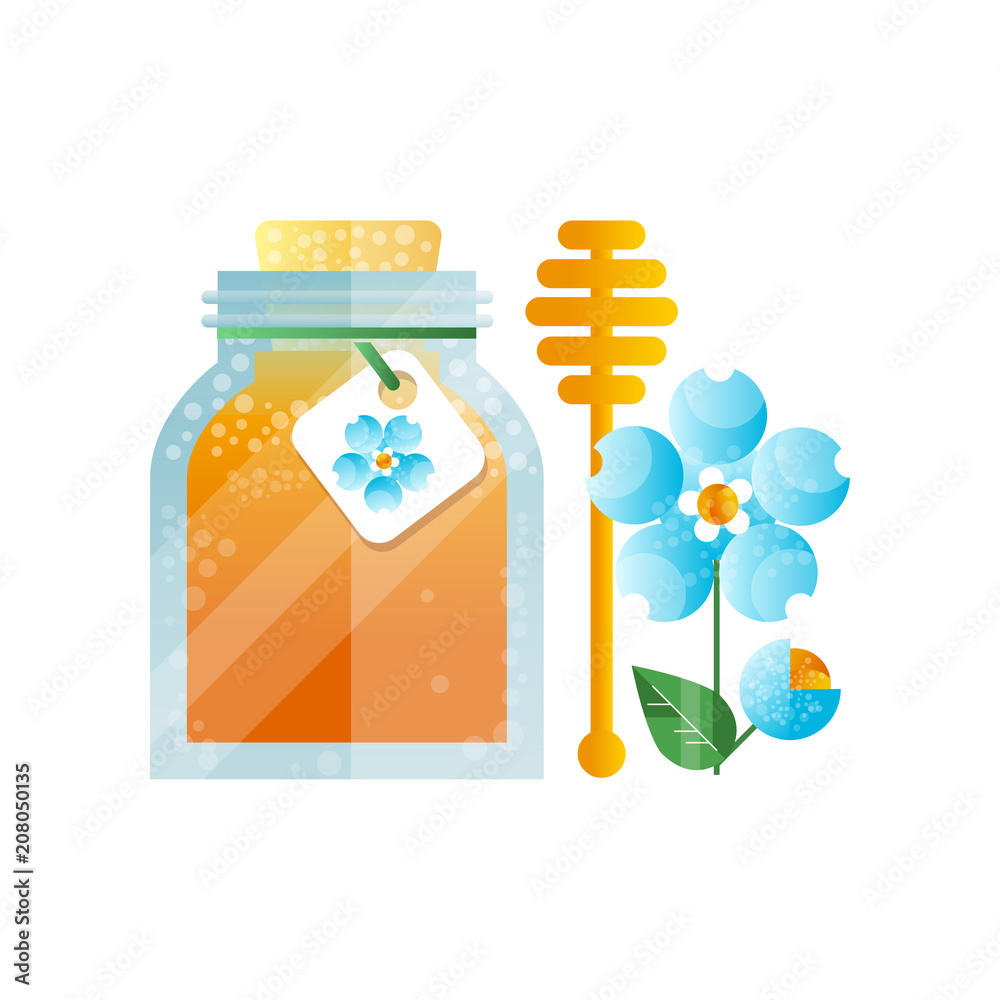 Glass jar of honey and blue flower, natural herbal organic product vector Illustration on a white background